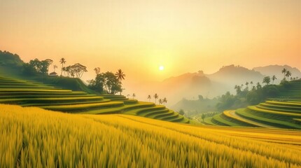 Fototapeta premium Serene Rice Terraces at Sunset with Warm Golden Hue and Silhouettes