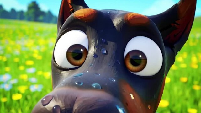 Doberman cartoon in blooming garden. Suitable for pet products, gardening, animal illustrations, springthemed designs, and childrens products.