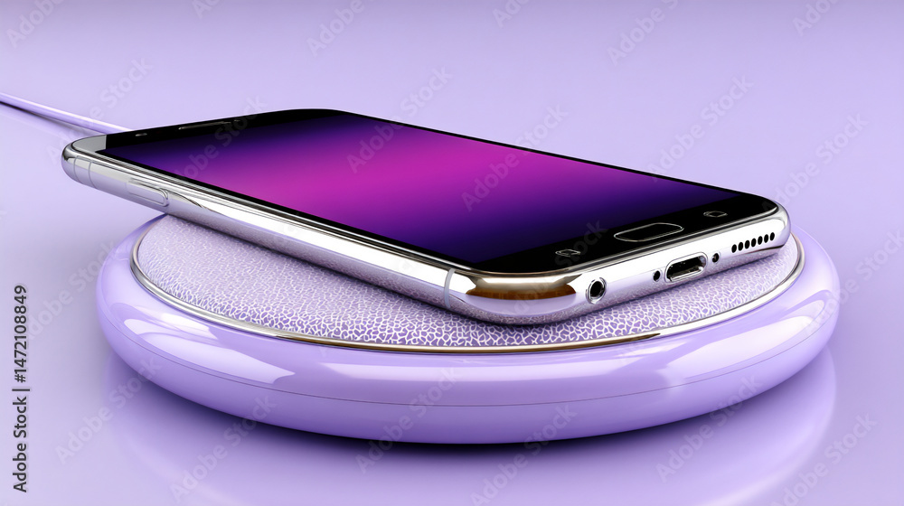 Poster minimalist 3d rendering of a silver smartphone with a purple gradient screen charging on a larger wh