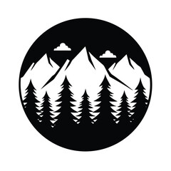 Graphic illustration showcasing a minimalist mountain landscape with pine trees and clouds inside a black circle design.