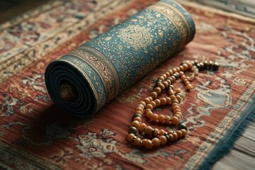 Rolled prayer mat and beads create a serene, spiritual scene with intricate patterns and warm tones