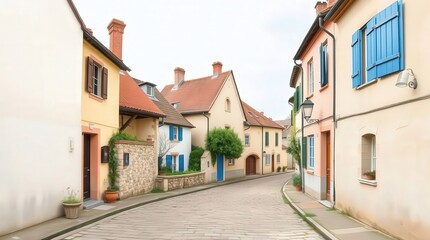 Charming European Street with Colorful Houses and Cobblestone Pathway