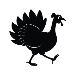 Black silhouette illustration of a running turkey with spread tail feathers isolated on a white background.