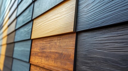 Exterior cladding samples in various colors and wood-grain patterns