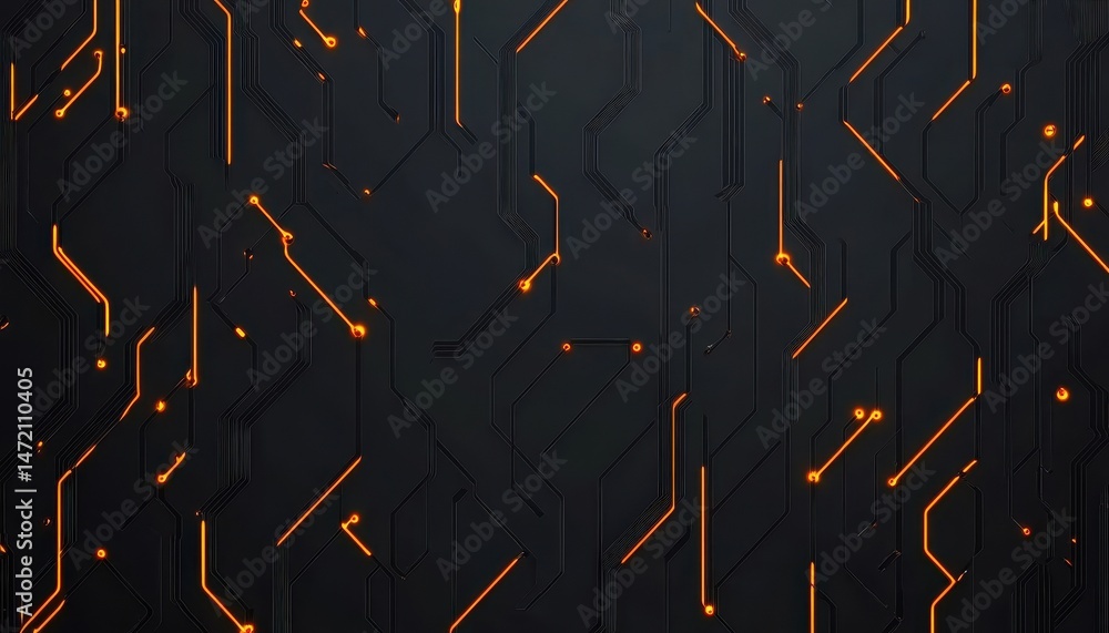 Aufkleber Abstract Dark Background with Glowing Orange Circuit Lines and Hexagon Pattern
