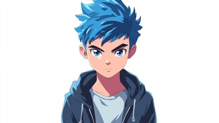 Serious anime boy with vibrant blue hair