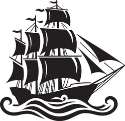 Vintage Black Silhouette of a Sailing Ship with Full Sails