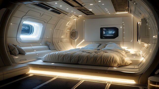 A zero-gravity sleeping chamber with softly pulsing ceiling lights, fully insulated soundproof walls and floating bed system, 8K sharp render