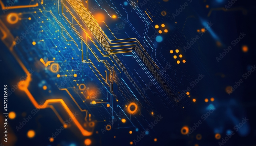 Poster abstract digital circuit board background with glowing orange and blue lines