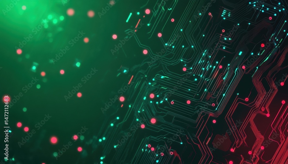 Aufkleber Abstract Digital Network Background with Glowing Green and Red Particles