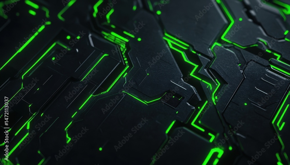 Aufkleber Abstract Futuristic Circuit Board with Glowing Green Lines and Dark Background