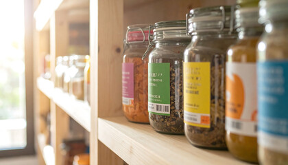 Organized pantry shelf with assorted food in glass jars. Represents conscious consumerism, sustainable lifestyle,  home organization. Warm natural light.