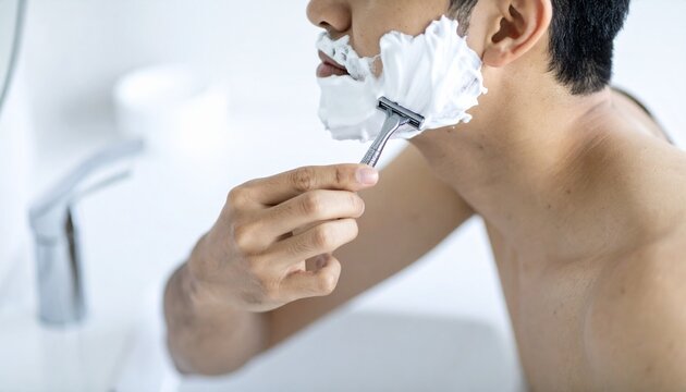 髭剃りをする男性