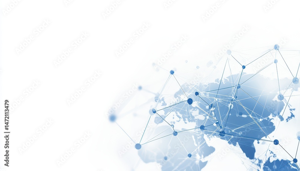 Poster abstract global network map: blue and white digital connections