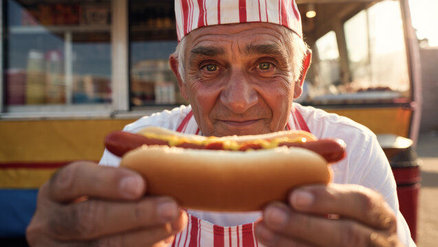 Elderly street food vendor with a kind smile holding an appetizing hot dog in his hands against the background of a food truck