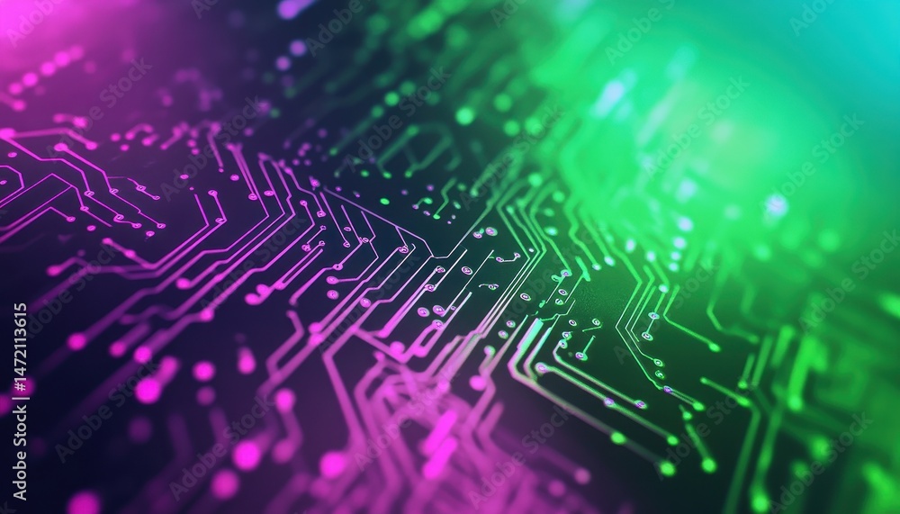 Poster abstract glowing circuit board background with pink and green neon lines