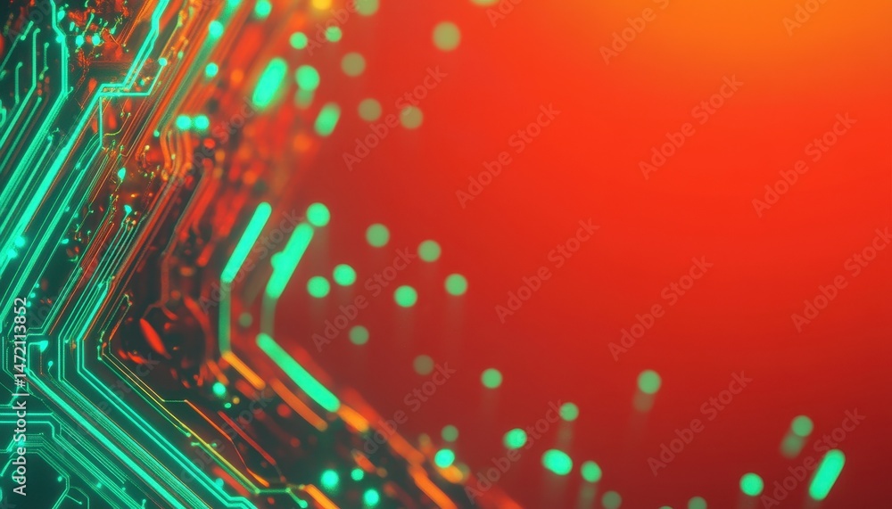 Poster abstract glowing circuit board with orange and green lines