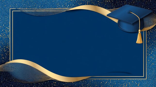 Elegant graduation ceremony invitation template with blue and gold design for postcards or announcements