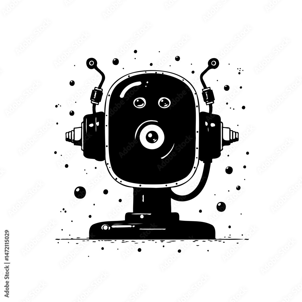 Poster monochromatic robotic figure with antennae, a whimsical creation in vector style