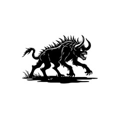 Silhouette of a horned beast figure with wild spiky mane and sharp fangs