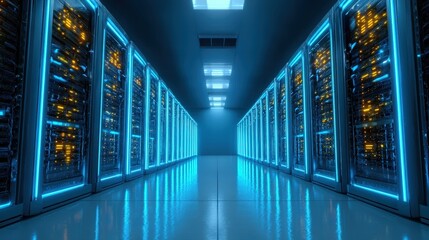 Fototapeta premium A modern data center corridor with illuminated server racks and a reflective floor, showcasing advanced technology infrastructure.