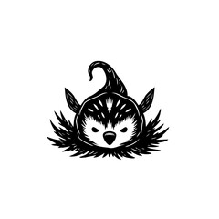 Monochromatic mystical creature illustration with a pointed hat design element