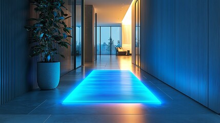 A thermal-reactive entry mat that glows along the footsteps path with color transitions, embedded seamlessly into modern hallway, 8K ultra-detailed