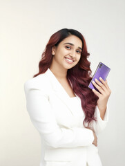 Naklejka premium young woman holding purple color smartphone