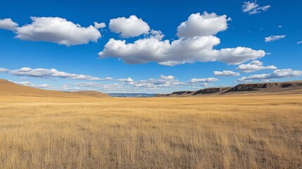 Obraz premium Vast Golden Field Under a Blue Sky with Puffy Clouds