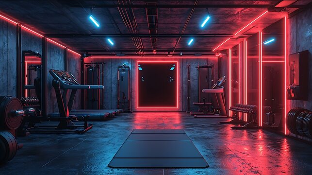 A space-efficient foldable gym area with AI-responsive exercise panels, abstract glowing visual cues, no characters, ultramodern design, 8K clarity