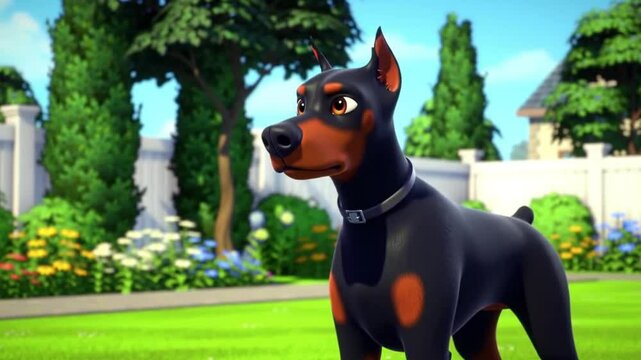 Cartoon Doberman standing in green grass yard suitable for pet product packaging, childrens books, website graphics, and dogthemed designs.