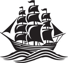 Vintage Black Silhouette of a Sailing Ship with Full Sails