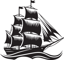 Vintage Black Silhouette of a Sailing Ship with Full Sails