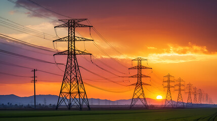 Electricity pylons and power lines rising against a stunning sunset create a striking image of energy infrastructure and distribution, highlighting the dynamic nature of the landscape