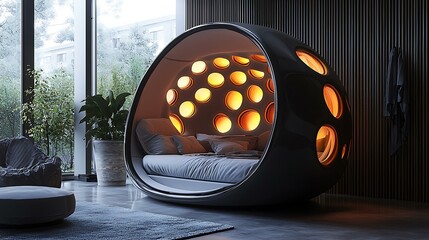 A sound-absorbing living pod designed with layered acoustic walls, glowing interior patterns shifting with tone frequencies, 8K ultra-detailed