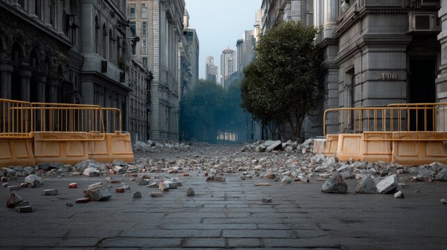 Urban riot aftermath scene with overturned barriers and debris in a city street for protest and conflict themes