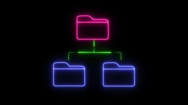 Neon File Sharing Network Icon glowing animation on black background. Networked folder system.