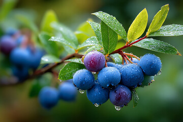 Fresh blueberries on branch with dew drops