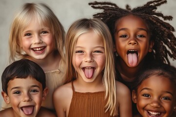 Fototapeta premium Group of joyful children showing their tongues during a fun moment in a playful setting