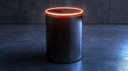 A smart trash bin with floating lid, pressure-sensitive glowing ring, organic material decomposition system, no buttons or text, 8K sharp render