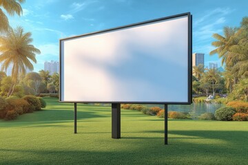 A blank billboard stands on green grass in a park with palm trees, city buildings, and a pond under a bright blue sky.