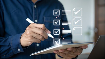 Document management system DMS. Assessment form, questionnaire, checklist and clipboard task management. Businessman working on laptop computer productivity checklist and filling survey form online.