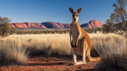 A kangaroo stands proudly in the Australian desert, surrounded by red rocks and a bright blue sky
