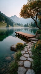 Fototapeta premium Serene lakeside view with wooden dock and misty mountains at dawn