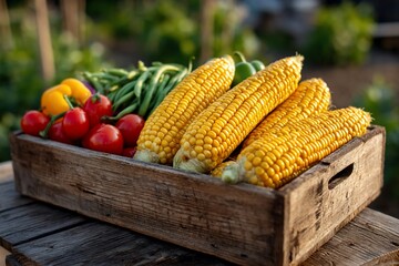 Freshly harvested corn, peppers, tomatoes, and beans in a rustic wooden crate