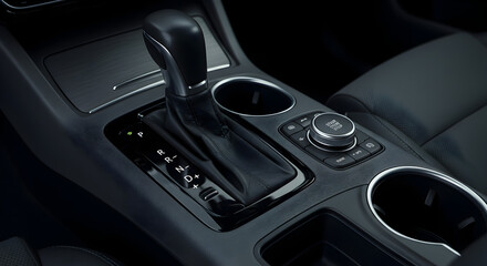 Center Console of Car Interior in Dark Setting Featuring Gear Shift Cup Holders and Controls in Black Metallic Finish