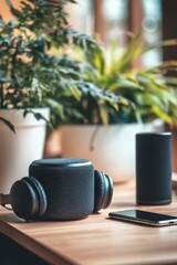 Smart home audio setup on a wooden table, next to potted plants