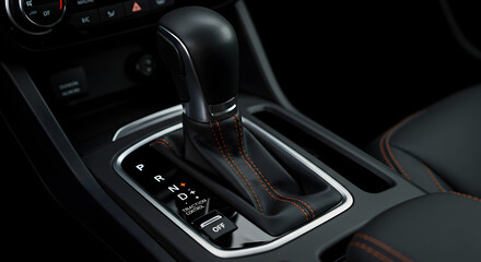 Fototapeta premium Close Up Car Automatic Gear Stick with Orange Stitching Black and Gray Console Vehicle Interior Detailing and Smooth Lighting