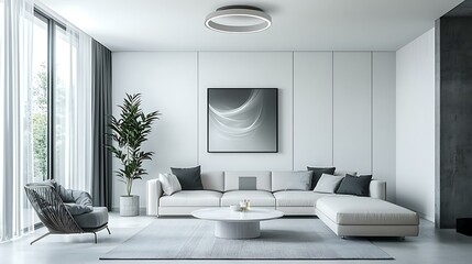 A silent ceiling fan with no blades, uses air-shaping tech with glowing vortex ring, installed in clean white smart living room, 8K clarity