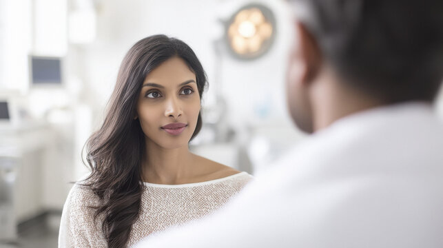Close-up of a beautiful Indian woman having a medical consultation, elegant, glowing skin, sitting in a premium clinic